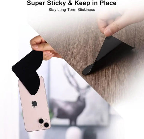 16 Pack Rug Corner Grippers for Hardwood Floors, showing black gripper with phone sticking demonstration on wood surface.