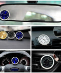 Idain car dashboard thermometer clip-on gauge; round metal dial in blue and silver, shown on dashboard and vent.