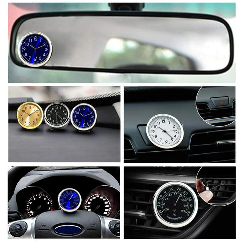 Idain car dashboard thermometer clip-on gauge; round metal dial in blue and silver, shown on dashboard and vent.
