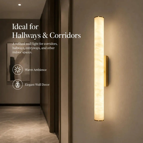 JCQASRT 19.69 in Modern Wall Sconce, 3-Color Changing LED Wall Light Fixture, Hardwired Brass Gold Metal & Resin Wall Lamp for Bedroom Living Room Hallway Staircase illuminating a corridor.