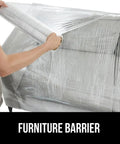 Person wrapping a couch with Beefy Heavy Duty Stretch Wrap Film With 500 Percent Stretch 60 Gauge Clear 1200 Ft Shrink Wrap Roll 17 Inch
