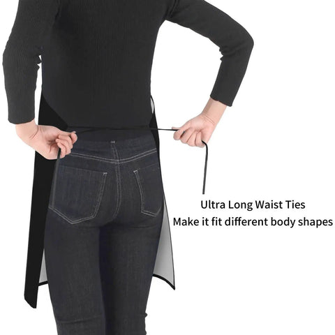 Back view of person tying ultra long waist ties on waterproof adjustable bib apron with pockets for men and women durable polyester