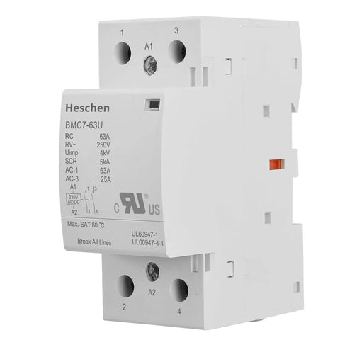 Heavy Duty 63A 2 Pole Modular AC Contactor With 230V AC DC Universal Coil And 2NO Normally Open Contacts in compact design.