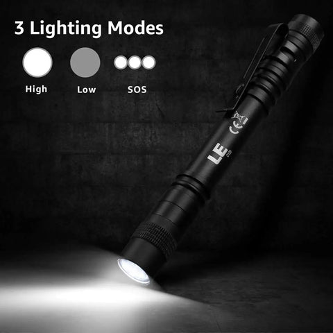 Ultra Bright LED Pen Flashlights Mini Pocket Lights With Clip 2 Pack Waterproof showing three lighting modes on black