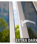 Very Dark Daytime Privacy Window Film With Heat Control Mirror Silver Tint on glass window in garden view