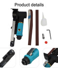 Heavy Duty Pneumatic Air Belt Sander 16000Rpm With 360 Rotating Handle For Rust Removal Welding Grinding And Polishing 20X520Mm Metal Finishing Tool Smooth Finish with accessories and details.