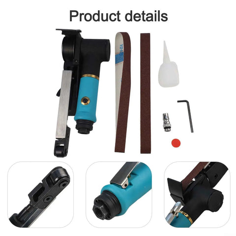 Heavy Duty Pneumatic Air Belt Sander 16000Rpm With 360 Rotating Handle For Rust Removal Welding Grinding And Polishing 20X520Mm Metal Finishing Tool Smooth Finish with accessories and details.