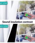 Sound insulation contrast with 1 layer and 2 layers of white blackout curtains 90 inches long two panels 46 inches wide each.