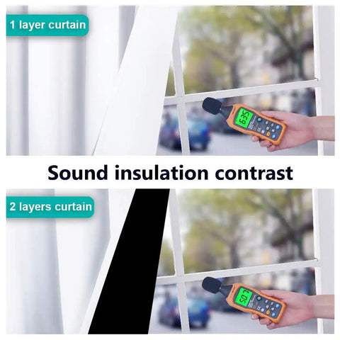 Sound insulation contrast with 1 layer and 2 layers of white blackout curtains 90 inches long two panels 46 inches wide each.