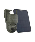 4K Dual Lens Cellular Security Camera With 4G LTE SIM Card Included Wireless Auto Tracking 6X Hybrid Zoom No Glow IR Night Vision Waterproof Wildlife Trail Cam With Solar Panel Kit, side view with solar panel