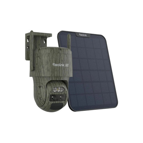 4K Dual Lens Cellular Security Camera With 4G LTE SIM Card Included Wireless Auto Tracking 6X Hybrid Zoom No Glow IR Night Vision Waterproof Wildlife Trail Cam With Solar Panel Kit, side view with solar panel