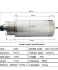 5.5KW ER25 Water Cooled Spindle Motor Turns It Up For CNC Engraving And Milling At 220V Or 380V AC With Badass Liquid Cooling And Plug And Play Wiring Setup - side view with dimensions and specifications