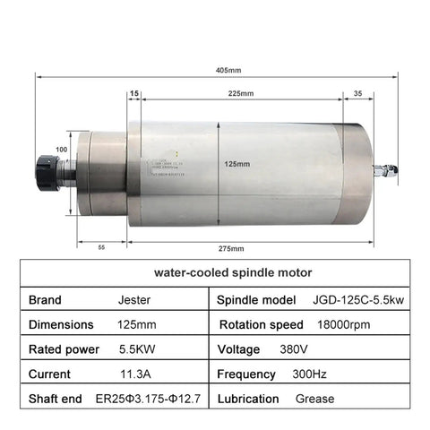 5.5KW ER25 Water Cooled Spindle Motor Turns It Up For CNC Engraving And Milling At 220V Or 380V AC With Badass Liquid Cooling And Plug And Play Wiring Setup - side view with dimensions and specifications