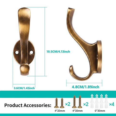 Heavy Duty Black Wall Hooks 6 Pack With Double Prong Design Built Tough Metal Coat Hangers Includes Screws And Wall Anchors For Secure Mounting Perfect For Coats Bags And More Great Home Organization, brass hook 4.13in with screws and anchors