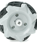 Front view of 60Mm Mecanum Omni Wheels For DIY Robot Builds All Direction Drive Wheel Set with ABS and rubber, gray and black.