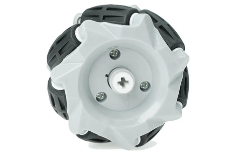 Front view of 60Mm Mecanum Omni Wheels For DIY Robot Builds All Direction Drive Wheel Set with ABS and rubber, gray and black.