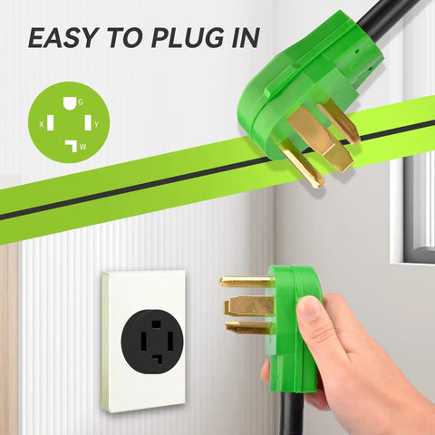 Person holding Beefy 4 Prong To 3 Prong Dryer Adapter Cord 30 Amp NEMA 14-30P Male. Green plug approaching wall outlet.