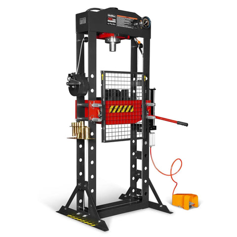 Beefy 30 Ton H Frame Air Hydraulic Shop Press With Hand Winch And Pin Kit, fully welded steel frame and safety guard.