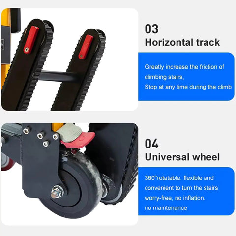 Powerful Electric Stair Climbing Dolly With Adjustable Speeds And Strong 440 Pound Max Load Capacity, Motorized Hand Truck For Heavy Moving And Logistics, 6 Wheel Track System featuring horizontal track and universal wheel.