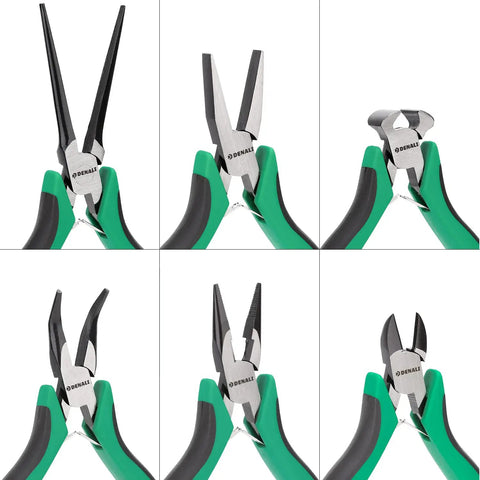 Compact 6 Piece Mini Pliers Set With Comfort Grip And Leather Storage Bag shown with various plier types for tight spots use.