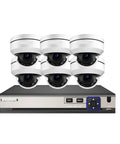 Rock Solid 10X Zoom 5MP PTZ POE Dome Camera System Bundle with 8CH H265 NVR Recorder, six white dome cameras and central NVR unit.