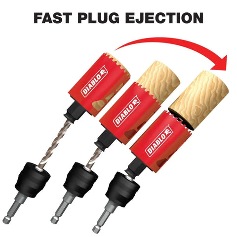 Diablo Snap-Lock Plus mandrel set for hole saw mounting; three red mandrels with 3/8 in hex shanks and hole-saw attachments.
