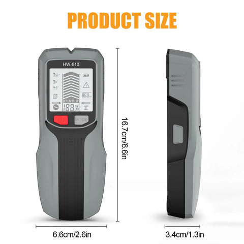 Studs Finders and Metal Detector Wall Scanner for Home Use with LCD Display, showing product size and features.