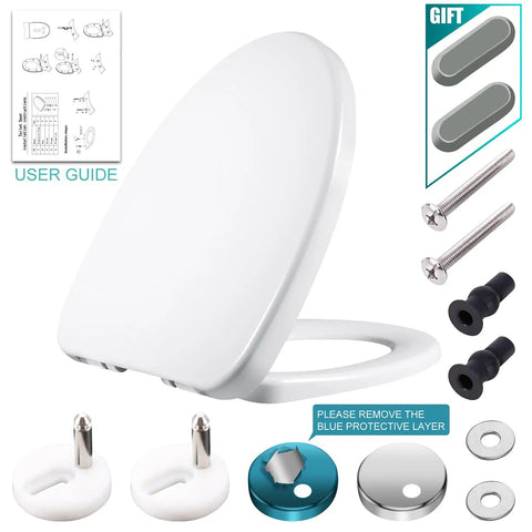 Elongated Toilet Seat Heavy Duty With Soft Close And Quick Release Premium UF Material Top Fix Install accessories shown