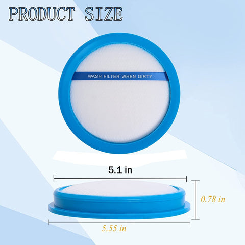 Round Washable Vacuum Filter For React Whole Home And Fusion Cordless Vacuums, blue rim, 5.1 inch diameter, top and side view