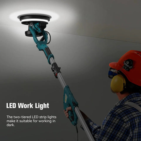 Person using Foldable Drywall Sander With LED Work Light and Auto Vacuum, 750W Motor, 6 Speed Settings 800-1750 RPM on ceiling