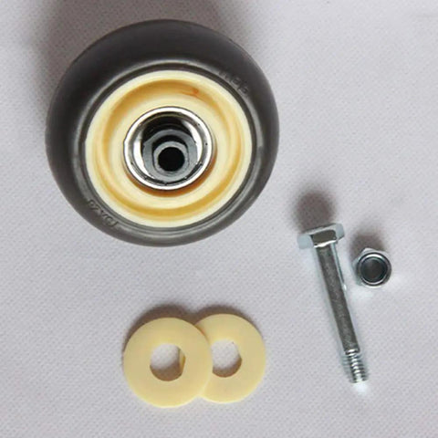Badass Heavy Duty Rubber Caster Wheels With Smooth Swivel Action And Rock Solid Locking Brake For Furniture Workbenches Medical Trolleys And Silent Rolling Support System Pack Of Four close-up of a rubber caster wheel with mounting hardware and washers.