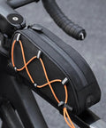 Heavy Duty Bike Phone Bag Waterproof Top Tube Frame Pouch For Road Mountain E-Bikes Big Touch Screen Window Holds 7 Inch Phones Secure Storage Wallet Tools, black nylon side view