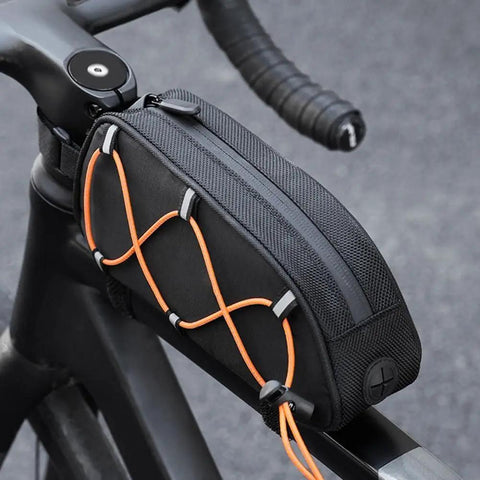 Heavy Duty Bike Phone Bag Waterproof Top Tube Frame Pouch For Road Mountain E-Bikes Big Touch Screen Window Holds 7 Inch Phones Secure Storage Wallet Tools, black nylon side view