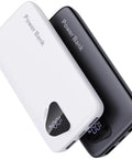 Two Pack Heavy Duty 10000mAh Portable Charger Power Bank Featuring Integrated Lightning And Usb C Cables Fast Charge four smartphones in white and black.