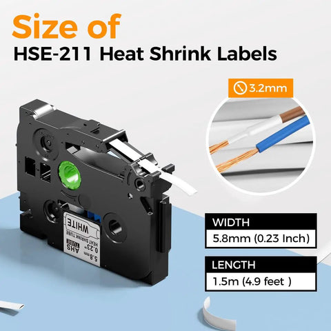 Top Shelf Performance Hse-211 Heat Shrink Label Tubes For Wire Cables showing size specifications 0.23 inch wide and 4.9 feet long.