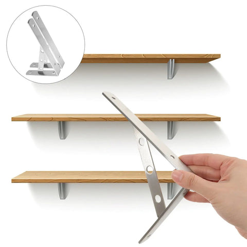 Hand holding 2 Pack Heavy Duty L Shaped Shelf Brackets Wall Mounts with Thick Diagonal Brace Stainless Steel Silver Finish for Wood Shelves