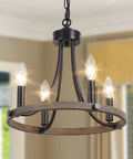Wagon Wheel Black Farmhouse Chandelier With 4 Lights in living space, round pendant design, rustic and cozy glow