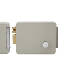 Electric Door Strike Lock Kit Offering Straight Up Dependable Two Way Talk Communication For Easy Access Control Nine To Twelve Volt Electromagnetic Security Strike Mounting Includes Master Keys Heavy Duty Painted Housing For Retail Shops view from side showing iron housing and brass components.