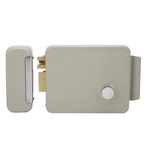 Electric Door Strike Lock Kit Offering Straight Up Dependable Two Way Talk Communication For Easy Access Control Nine To Twelve Volt Electromagnetic Security Strike Mounting Includes Master Keys Heavy Duty Painted Housing For Retail Shops view from side showing iron housing and brass components.