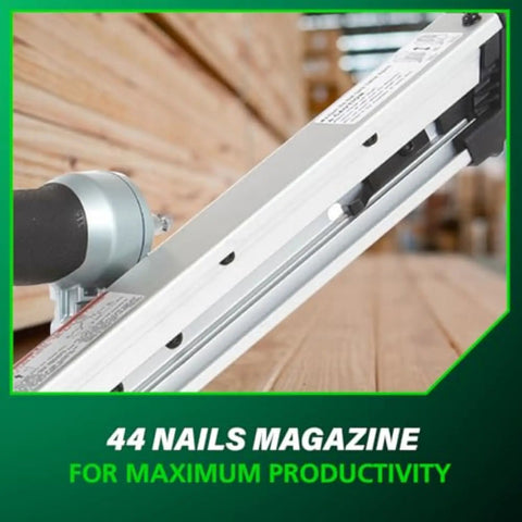 Close-up of Strap-Tite Strip Nailer For Metal Connectors with 44 nails magazine, showing its sleek design for productivity.
