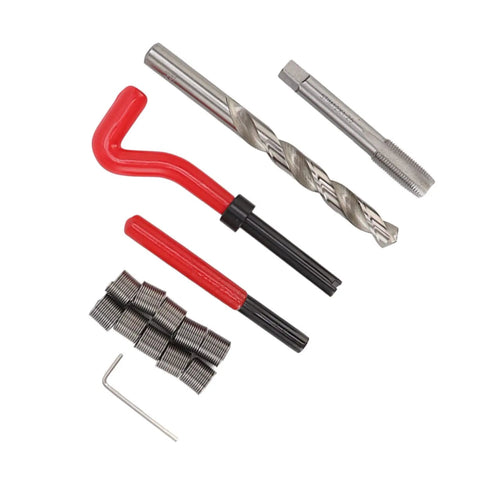 M12x1.25 Thread Repair Kit For Damaged Threads, Heavy Duty Pro Grade Threaded Inserts With Drill Bit, Tap, Installation And Break Tools, Complete Auto And Engine Repair Set, Red; kit pieces laid out on white