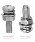 Solid Stainless Steel 108 Piece Machine Screw Nuts And Washers Assortment Kit showing front and back views of metal screws.