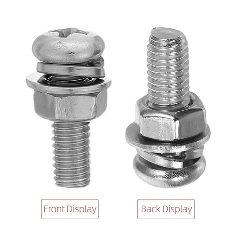 Solid Stainless Steel 108 Piece Machine Screw Nuts And Washers Assortment Kit showing front and back views of metal screws.