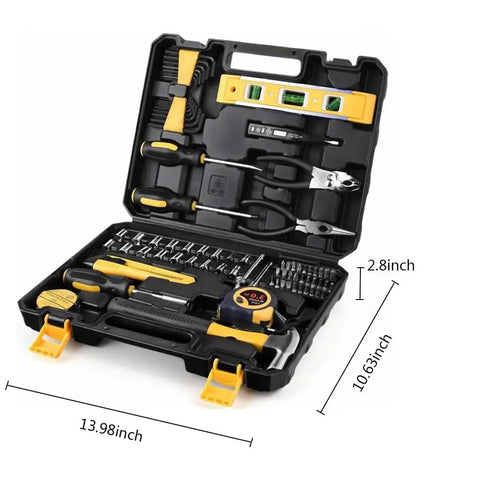 Comprehensive 78 Piece All In One Hand Tool Set for Home Auto and Office with Portable Storage Case open showing tools