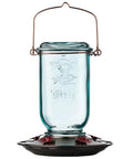 Front view of Vintage Aqua Mason Jar Hummingbird Feeder With Five Feeding Stations, 25 Ounce Glass Outdoor Backyard Bird Feeder.