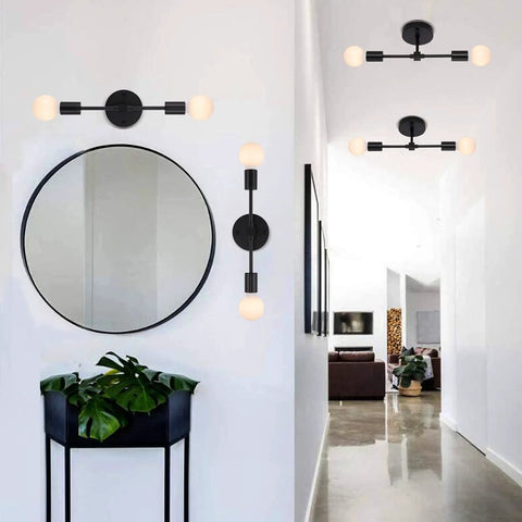 Dual Light Bathroom Wall Sconce Vanity Fixture In Gold And Black Finish, shown in stylish modern hallway decor.