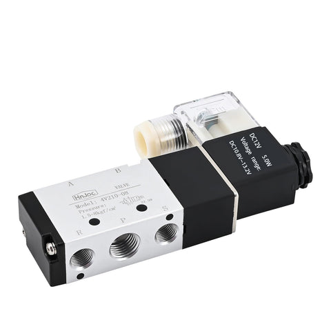 4V210-08 5/2 Way Pneumatic Solenoid Valve, 12V DC Single Solenoid Pilot Operated, Electric Air Control Valve, G1/4 Inlet, G1/8 Exhaust