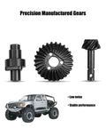 8T/27T RC Heavy Duty Steel Overdrive Bevel Gear Set For Capra SCX10 II III, showing gears and off-road vehicle.
