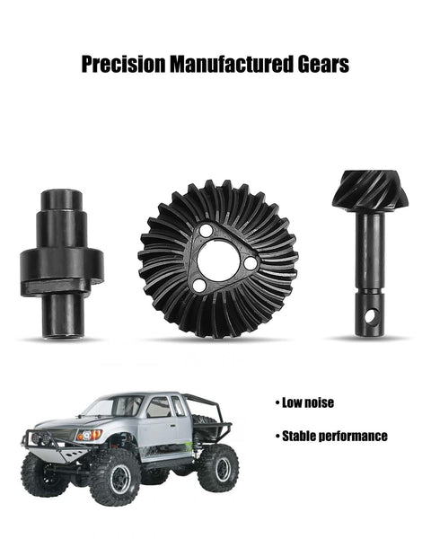 8T/27T RC Heavy Duty Steel Overdrive Bevel Gear Set For Capra SCX10 II III, showing gears and off-road vehicle.