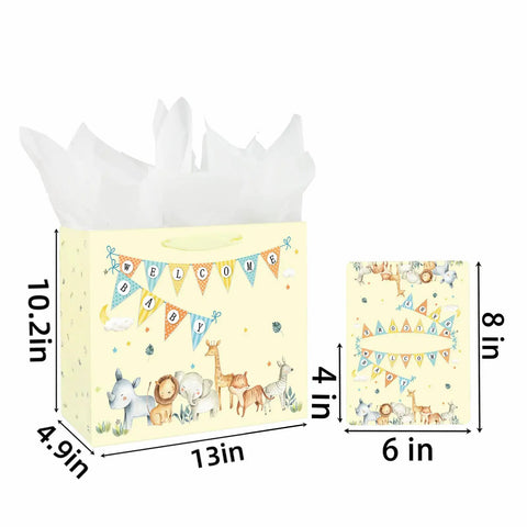 13 Inch Large Baby Gift Bag For Baby Shower With Tissue Paper And Greeting Card Yellow Dinosaur Design Includes 3 Sheets Tissue Paper For Boy Or Girl Must Have Gift Bag
